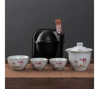 Chinese Tea Set,Chinese Ceramic Tea Cup, Ruyao Kuaike Cup Ceramic One Pot Three Cups Car Mounted Outdoor Handdrawn Simple Portable Bag Travel Kung Fu Tea Set Teapot (Color : J)