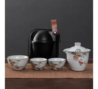 Chinese Tea Set,Chinese Ceramic Tea Cup, Ruyao Kuaike Cup Ceramic One Pot Three Cups Car Mounted Outdoor Handdrawn Simple Portable Bag Travel Kung Fu Tea Set Teapot (Color : F)