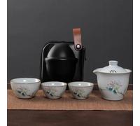Chinese Tea Set,Chinese Ceramic Tea Cup, Ruyao Kuaike Cup Ceramic One Pot Three Cups Car Mounted Outdoor Handdrawn Simple Portable Bag Travel Kung Fu Tea Set Teapot (Color : E)