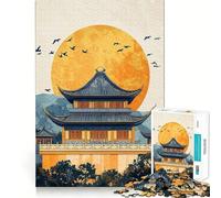 Chinese Temple Sunset Jigsaw 1000 Pieces for Teenagers Brain Skill Bright Hue Pattern Assemble Xmas Surprise (38x52cm)