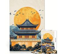 Chinese Temple Sunset Jigsaw 1000 Pieces for Teenagers Brain Skill Bright Hue Pattern Assemble Xmas Surprise (38x52cm)