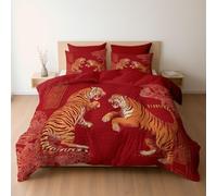 Chinese Tiger Fighting Art Printed Duvet Cover, Reversible Burgundy Quilt Cover Bedding King Bed Set, Cosy Soft Hypoallergenic Non-Iron Comforter Covers with Pillowcases