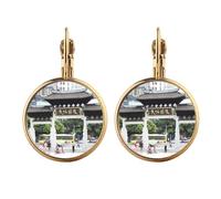Chinese Traditional Architecture Photography Gold Clip On Drop Earrings Non Piercing Dangle Jewelry