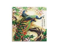 Chinese Traditional Bird Colored Peacock Flower Branch Oriental Ancient Asian Watercolor Poster (3) Canvas Wall Art Decorative Bedroom Modern Home Print Picture Artworks 16x16inch(40x40cm)
