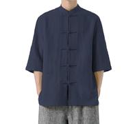 Chinese Traditional Men's T-Shirts Cotton Linen Kung Fu Tai Chi Top Solid Color Frog Button Chinese Style Mandarin Shirts Blouses Loose Martial Arts Hanfu Jacket Shirt Tang Suit Navy