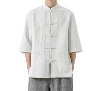 Chinese Traditional Men's T-Shirts Cotton Linen Kung Fu Tai Chi Top Solid Color Frog Button Chinese Style Mandarin Shirts Blouses Loose Martial Arts Hanfu Jacket Shirt Tang Suit White
