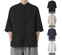 Chinese Traditional Men's T-Shirts Cotton Linen Kung Fu Tai Chi Top Solid Color Frog Button Chinese Style Mandarin Shirts Blouses Loose Martial Arts Hanfu Jacket Shirt Tang Suit Black