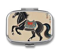 Chinese Traditional Painting Horse Pill Box, 2 Compartment Medicine Pill Case, Portable Pill Organizer for Pocket Or Purse Decorative Metal Medicine Vitamin Organizer
