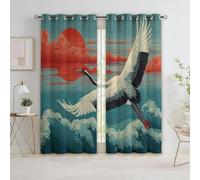 Chinese Traditional Style Blackout Curtains, 102 Inches Drop Eyelet Thermal Curtains - Sea Waves Bird Animal Soundproof Drapes Soft Breathable for Bedroom Living Room W 55 x L 102 Inches 2 Panels