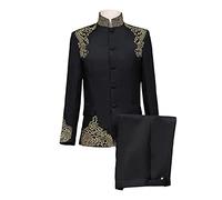 Chinese Tunic Suit for Men Vintage Mandarin Collar Blazer Pants Set 2 Piece Traditional Luxury Formal Suit Sets, Black, 4XL