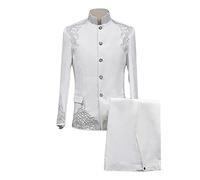 Chinese Tunic Suit for Men Vintage Mandarin Collar Blazer Pants Set 2 Piece Traditional Luxury Formal Suit Sets, white, L