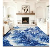 Chinese Vintage Rug, 120 x 180 cm Snow Mountain Lake Mist Architecture Pattern Carpet, Light Blue Soft Short Pile Non-Slip Washable Indoor Rugs, Easy To Clean for Living Room and Bedroom