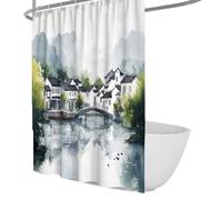 Chinese Water Village Shower Curtain Stone Arch Bridge Design Shower Curtains Misty Mountain Background Bath Curtain Waterproof Polyester 150 x 200 cm