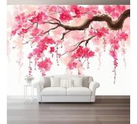 Chinese Watercolor Cherry Blossom Tree Wall Mural Wallpaper, Non Self Adhesive Paste The Wall Mural for Living Room Bedroom, Pink High Definition Art Wall Decor - 200 x 140 cm (W x H)