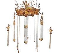 Chinese Wedding Bride Hair Accessory,Bridal Wedding Tiara retro jewelryVintage Headdress Hair Accessory, Chinese Traditional Bridals Wedding Tiara(Color : Gold)