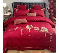 Chinese Wedding Long-staple Cotton Four-piece Big Red Double Happiness Embroidery Cotton Duvet Cover Wedding Bedding (Color : A 6-piece suit, Size : 2m) (C 6 piece Suit)