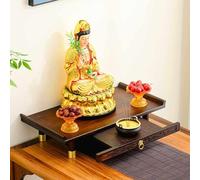 Chinese Wooden Buddhist Altar Shelf with Pull-Out Drawer - Personal Meditation Shrine and Offering Niche for Pooja, Incense Tribute, Home Worship Decor, Zen Prayer Station