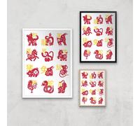 Chinese Zodiac Animals Giclee Art Print - A4 - Wooden Frame