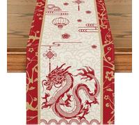 Chinese Zodiac Dragon Table Runner for Kitchen and Holiday Decor 13X72 Inch Red and Yellow Polyester Table Mat with 4 Placemats for New Year and Party Decoration