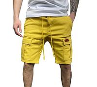 Chino Cargo Shorts Men Work Combat Shorts with Mulit Pocket Summer Half Pants with Elasticated Waist Drawstring Jogger Short Solid Color Lightweight Pant for Walking Outdoor Training Yellow