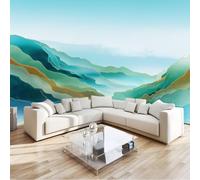 Chinoiserie Abstract Mountains Peaks River Wall Mural 200 x 140 cm Sage Green Non-Woven Photo Wallpaper, Large Wall Covering for Living Room & Bedroom, Paste the Wall