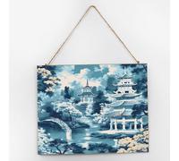 Chinoiserie Asian Pagoda White Blue Porcelain Wood Wall Sign Indigo Pagoda Flower Wood Plank Hanging Sign 10x12 Oriental Floral Wall Art Motto Decor Personalized Wooden Signs for Nursery Mantel