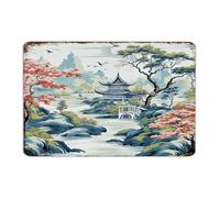 Chinoiserie Asian Pagoda White Coral Blue Rustic Metal Tin Sign Custom Coffee Bar Wall Art Plaques Turquoise Pagoda Wall Decor Aluminum Tin Signs for Restaurants Laundry Shop 12x18 Inch