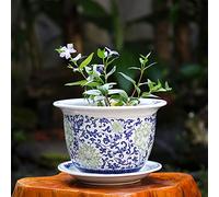 Chinoiserie Blue and White Porcelain Flowerpot Jingdezhen Ceramic Flowerpot with Tray Breathable Flower Green Plant Potted Plant Collection Ornament