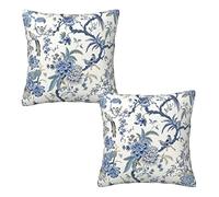 Chinoiserie Blue and White Throw Pillow Covers Set of 2 Birds Flowers Decorative Pillow Case Outdoor Farmhouse Sofa Cushion Cover for Bed Living Room 18" X 18"