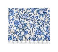 Chinoiserie Blue Porcelain Floral Oven Skirt Curtain for Kitchen, 29"L x 22"W Blue and White Stove Curtain with 7 Ribbon Ties, Lace Trim, Elegant Floral Kitchen Decor