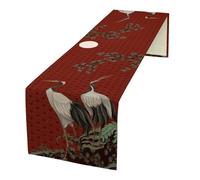 Chinoiserie Crane Table Runner, Asian Japanese Crane Pine Tree Branchs Full Moon Kitchen Dining Table Runner for Indoor Outdoor Home Party Decor, 13x60inch