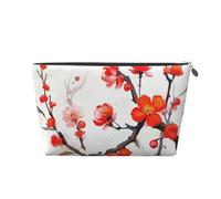 Chinoiserie Floral Makeup Bag, Red Rose, Royal Deep Rosa, PVC Leather Cosmetic Organiser with Zipper, Water-Resistant, Portable Pouch (Happiness Apricot Blossom)