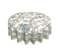 Chinoiserie Floral Round Tablecloth 70 Inch Blue Green Bird Floral Tablecloth Polyester Fabric Farmhouse Outdoor Spring Summer Sage Green Blue Flowers Table Cover for Kitchen Dining Picnic Decor