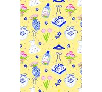Chinoiserie Laundry Day Themed Journal Notebook - Pink Tulips & Fabric Softener Pattern; Blue and White Garments Design; Butter Yellow Background: 6" X 9" 140 Pages Wide Ruled Paperback