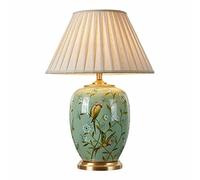 Chinoiserie LED Table Lamp Amen Flower and Bird Ceramic Table Lamp Classic Green Lamp Body with Fabric Shade Nightstand Lamp for Bedroom Living Room Office College Bookcase