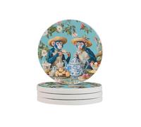 Chinoiserie Monkey Coasters Set of 4 Peony Absorbent Diatomite Coasters Quick Dry Cup Mat for Drinks Round Mugs Pad for Table Bar Home Decor