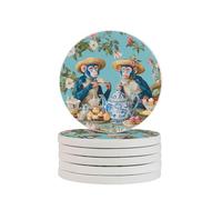 Chinoiserie Monkey Coasters Set of 6 Peony Absorbent Diatomite Coasters Quick Dry Cup Mat for Drinks Round Mugs Pad for Table Bar Home Decor