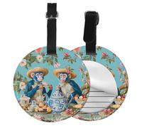 Chinoiserie Monkey Round Luggage Tag 4PCS Peony PU Leather Travel Bag Tag ID Labels Name Card Holder wtih Buckle for Luggage Suitcase Backpacks