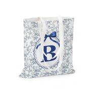 Chinoiserie Monogrammed Canvas Tote Bag with Inner Pocket, Blue Bow with Intial B Canvas Tote Bags for Work Travel Nurse Teacher, B Initial Gifts for Women/Men/Girls, B Monogram Gifts