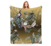 Chinoiserie Oriental Chinese Peacock Golden Green Floral Botanical Flannel Fleece Lightweight Cozy Bed Soft Throw Blanket Fit Couch Sofa for Home Bedding Living Room Traveling Camping 50 X40