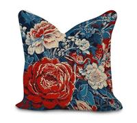 Chinoiserie Red And Blue Peony Floral Decorative Pillow Covers 18x18in Chinoiserie Asian Pillowcase Farmhouse Throw Cushion Cover Cases for Couch Sofa Bed Living Room Home Decoration