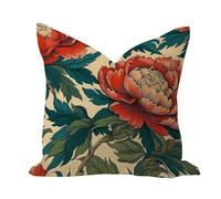 Chinoiserie Red Peony Floral Outdoor Pillow Covers 16x16in Burlap Linen Elegant Pillows Cushion Covers Blue/Green Colorway Garden Square Cushion Case for Office Outside Sofa Chair Holiday Decor