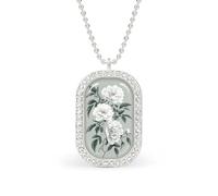 Chinoiserie Style Sage Green Flowers Rectangle Pendant Necklace Silver Women Jewelry Alloy Keychain Tag Jewelry