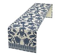 Chinoiserie Table Runner, Asian Chinese Blue Ceramic Japanese Branches Flowers Table Runner for Farmhouse Kitchen Dining Table Home Party Decor, 13x90inch