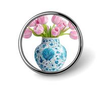 Chinoiserie Vase with Pink Tulips Blue Pattern Round Brooch for Men Women Fashion Badge Collar Pin Dress Jacket Backpack Accessories