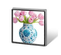 Chinoiserie Vase with Pink Tulips Blue Pattern Unisex Brooches & Pins Square Lightweight Lapel Badge Jewelry for Clothing Shawl Hat