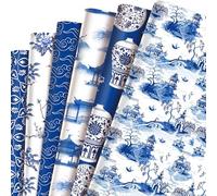 Chinoiserie Wrapping Paper 12 Sheets,6 Types Blue White Chinoiserie Wrapping Paper,China Elements Porcelain Oriental Art Printed Paper for Birthday Daily Wedding Gift Packing Supplies(20x27 Inch)