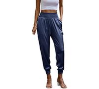 Chinos Trousers Womens Satin Elastic Waist Pocket Casual Pants Joggers for Women UK (Navy, M)