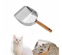 Chinshwehaw Premium Stainless Steel Cat Litter Scoop-Triple Guard Walls&Non-Stick Design,Silver,Flat Shovel Head Design Solid Deep Edge Wood Handle,Dual Hooks 1Pack,6.1x5.3inch (Silver Long Strip)
