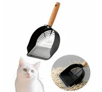 Chinshwehaw Premium Stainless Steel Cat Litter Scoop-Triple Guard Walls&Non-Stick Design,Silver,Flat Shovel Head Design Solid Deep Edge Wood Handle,Dual Hooks 1Pack,6.1x5.3inch (Black Long Strip)